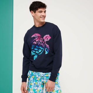 Men Cotton Sweatshirt Embroidered Turtle Navy front worn view