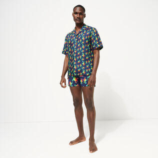 Men Bowling Shirt Linen Tortues Rainbow Multicolor - Vilebrequin x Kenny Scharf Navy back worn view