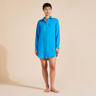 Vestido camisero de lino de color liso para mujer Hawaii blue vista frontal desgastada