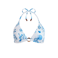Top de bikini anudado alrededor del cuello con estampado Medusa and Shells para mujer Blanco vista frontal