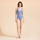 Women Crossed Back Straps One-piece Swimsuit Carapaces Multicolores Sea blue front worn view