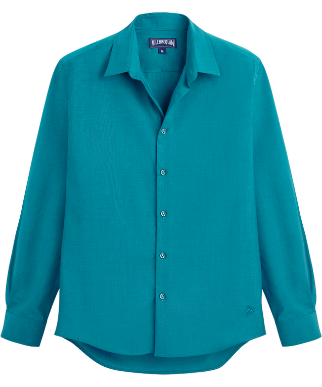 Men Wool Shirt Solid - Cool - Blue - Size M - Vilebrequin