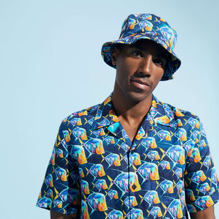 Camisa de bolos de lino con estampado Piranhas para hombre Azul marino detalles vista 1