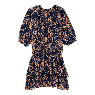 Kurzes Sweet Blossom Rüschenkleid aus Baumwolle für Damen Marineblau Rückansicht