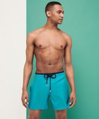 Men Swimwear Solid Bicolore Ming blue front worn view