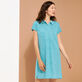 Langes Solid Polokleid aus Leinen für Damen Heather azure Vorderseite getragene Ansicht