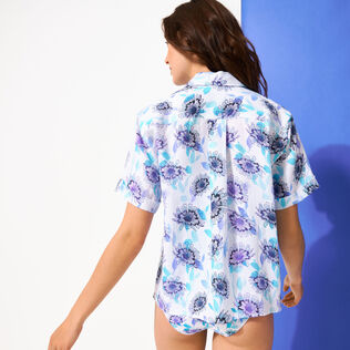 Women Linen Short Sleeves Shirt Flash Flowers Purple blue back worn view