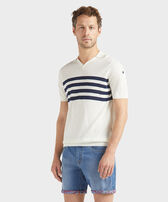 Polo uomo in cotone Stripe Bicolore Off white vista frontale indossata