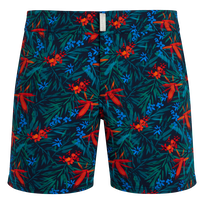 Kurze Tropical Flowers Stretch-Badeshorts mit flachem Bund für Herren Marineblau Vorderansicht