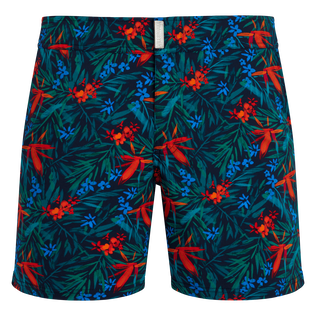 Kurze Tropical Flowers Stretch-Badeshorts mit flachem Bund für Herren Marineblau Vorderansicht