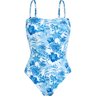 Bañador estilo bustier de una sola pieza con estampado Tahiti Flowers para mujer Blanco vista frontal