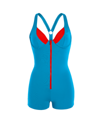 Women contrasted one piece short swimsuit - Vilebrequin x JCC+ - Limited Edition Swimming pool front view
