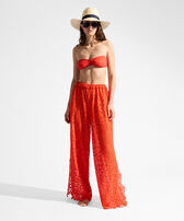Women Guipure Pants Flowers Lace Poppy red 正面穿戴视图