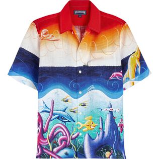 Camicia bowling uomo in lino Mareviva - Vilebrequin x Kenny Scharf Multicolore vista frontale
