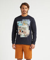 Men Cotton Long Sleeves T-shirt Vintage Stamp Navy front worn view