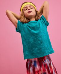 Camiseta de felpa con cuello redondo y estampado Rondes des Tortues para niños Tropezian green vista frontal desgastada