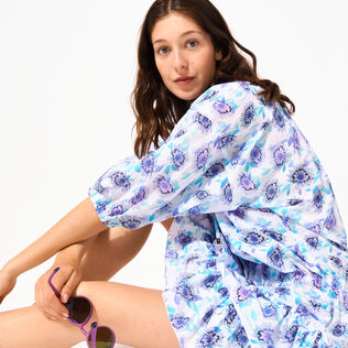 Women Short Ruffles Cotton Dress Flash Flowers Purple blue details view 3