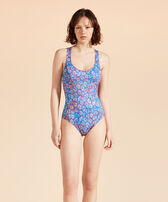 Women Crossed Back Straps One-piece Swimsuit Carapaces Multicolores Sea blue front worn view