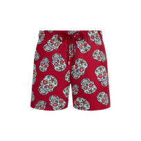 Men Red Swim Trunks Día de Muertos Lipstick front view