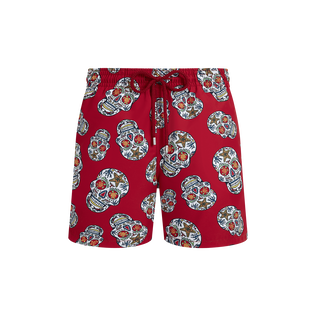 Men Red Swim Trunks Día de Muertos Lipstick front view