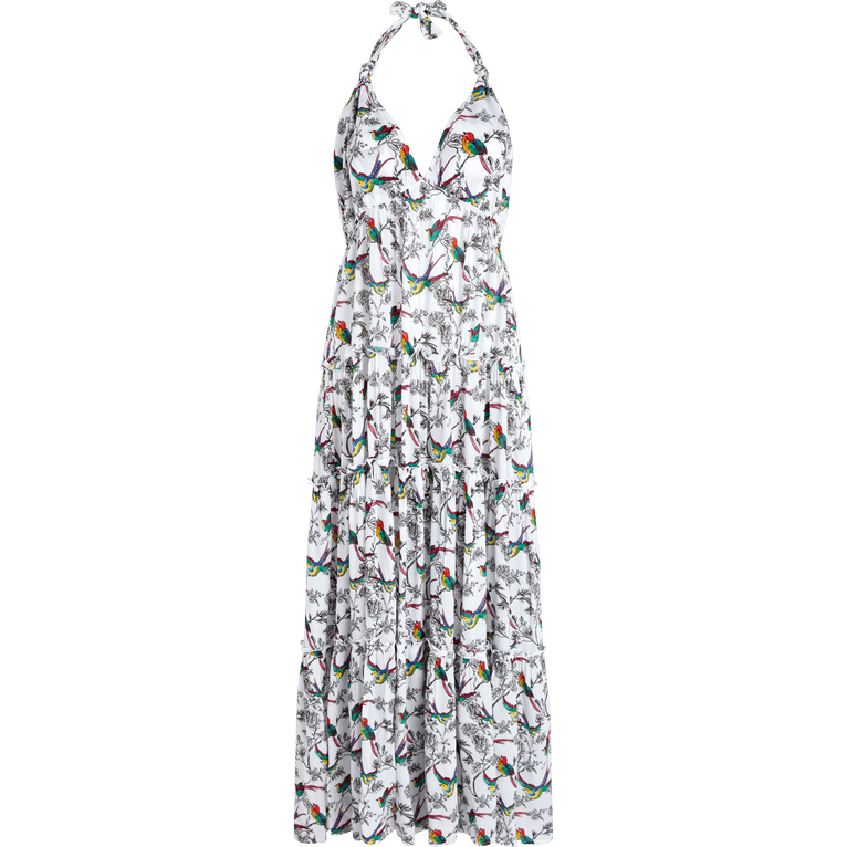 Women Viscose Long Backless Dress Rainbow Birds - Luna - White