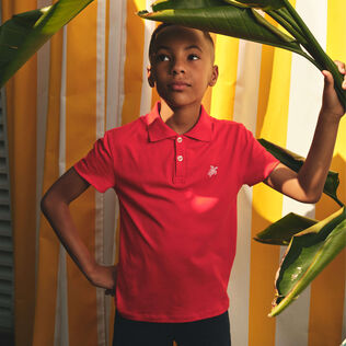 Boys Tencel Polo French History Poppy red front worn view