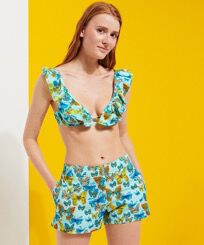 Shorty de bain ceinture plate femme Butterflies Lagon vue portée de face