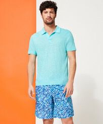 Polo en Jersey de Lin homme uni Bleu lazuli vue portée de face