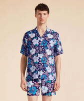 Men Bowling Ramie Shirt Tropical Turtles Midnight front worn view