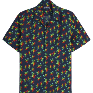 Tortues Rainbow Multicolor Bowling-Hemd aus Leinen und Baumwolle für Herren – Vilebrequin x Kenny Scharf Marineblau Vorderansicht