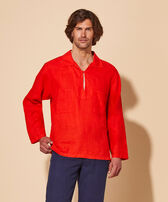 Men Linen Vareuse Shirt Solid Poppy red front worn view