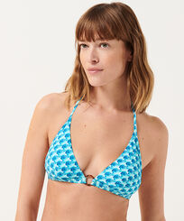 Top de bikini anudado alrededor del cuello con estampado Micro Waves para mujer Lazulii blue vista frontal desgastada