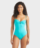Bañador liso de una sola pieza para mujer Disco green vista frontal desgastada