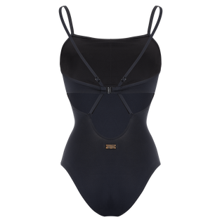 Women Crossed Back Straps One-piece Swimsuit Solid Black back view