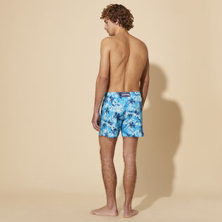 Men Stretch Short Swim Shorts Starlettes and Turtles Tie Dye Azure back worn view