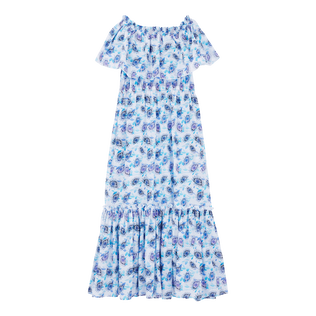 Langes schulterfreies Flash Flowers Kleid aus Baumwolle für Damen Purple blue Vorderansicht