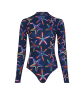 Bañador de una sola pieza con protección solar y estampado Disco Stars para mujer Azul marino vista frontal
