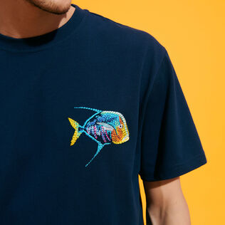 Men Organic Cotton T-shirt Embroidered Piranhas Navy details view 1