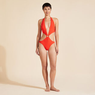 Trikini de una sola pieza con estampado Jacquard Vichy para mujer Amapola vista frontal desgastada