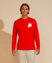 Men Long Sleeves Cotton T-Shirt Turtle Patch Poppy red front worn view