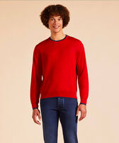 Men Merino Wool Cashmere Silk Crewneck Sweater Moulin rouge front worn view