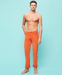 Men 5-Pockets Corduroy Pants 1500 lines Rust front worn view