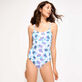 Bañador de una sola pieza con escote redondo y estampado Flash Flowers para mujer Purple blue vista frontal desgastada