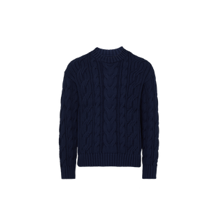 Men Cable-Knit Cotton Sweater Navy front view