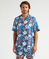 Men Silk Bowling Shirt Tropical Turtles Midnight front worn view