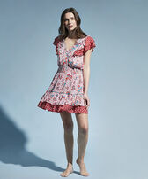 Women Mini Dress Iris Lace- Vilebrequin x Poupette St Barth Poppy red front worn view