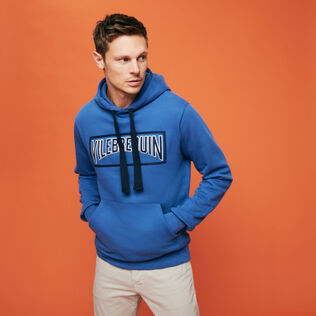 Solid Kapuzenpullover aus Baumwolle für Herren Sea blue Vorderseite getragene Ansicht