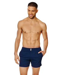 Men Short Flat Belt Stretch Swimwear Prince de Galles Midnight blue front worn view