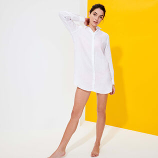 Women Linen Shirt Dress Solid White details view 2