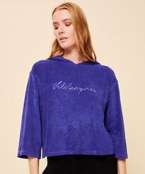Solid Sweatshirt aus Frottee für Damen Purple blue Vorderseite getragene Ansicht